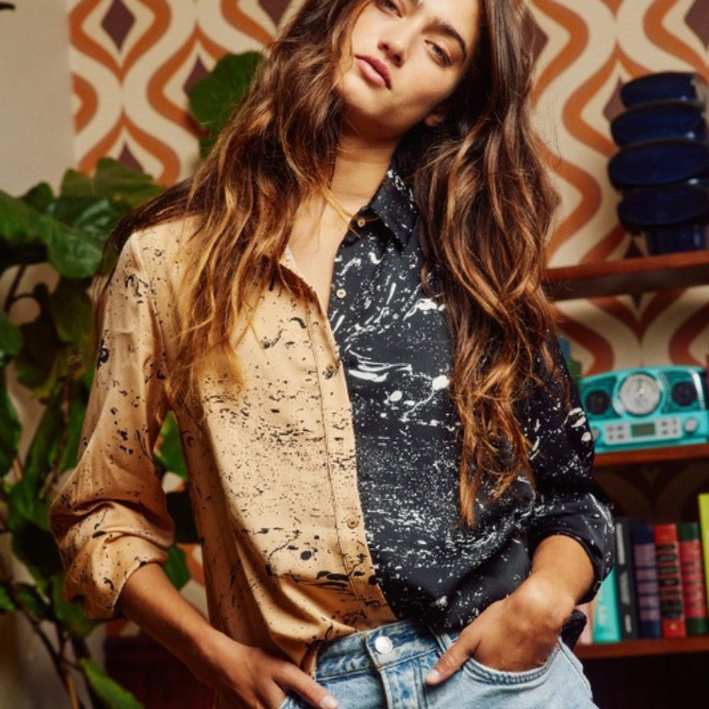 HALF & HALF COLOR BLOCK BLACK & TAN SPLATTER DESIGN BLOUSE